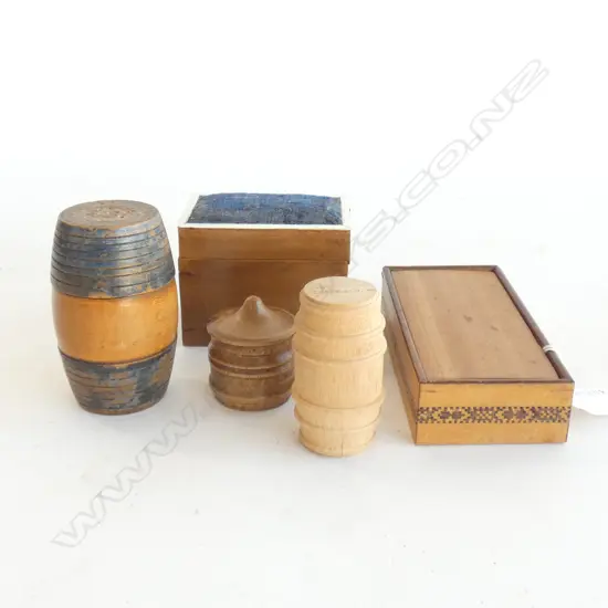 Two wooden boxes plus 3 small storage barrels.